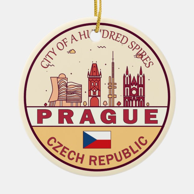 Prague Czech Republic City Skyline Emblem Ceramic Ornament (Front)