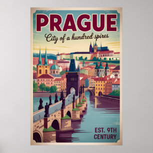 Prague Czech Republic Retro Cityscape Travel Poster