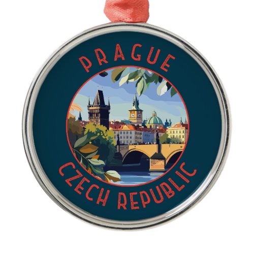 Prague Czech Republic Retro Distressed Circle Metal Ornament