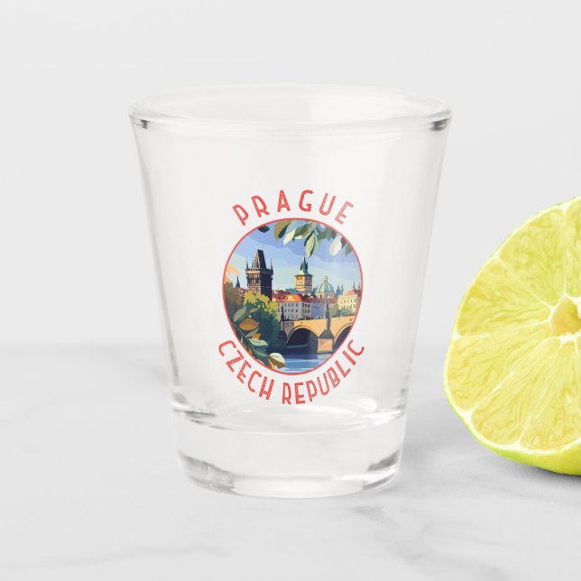 Prague Czech Republic Retro Distressed Circle Shot Glass (Front)