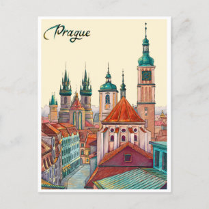 Prague Czech Republic Travel Vintage illustration Postcard