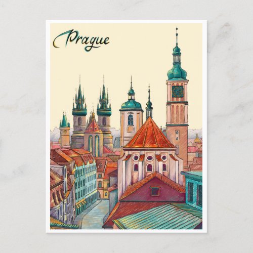 Prague Czech Republic Travel Vintage illustration  Postcard