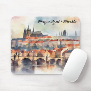 Prague Czech Republic Watercolor Panorama View Mouse Pad