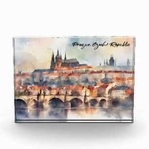 Prague Czech Republic Watercolor Panorama View Photo Block