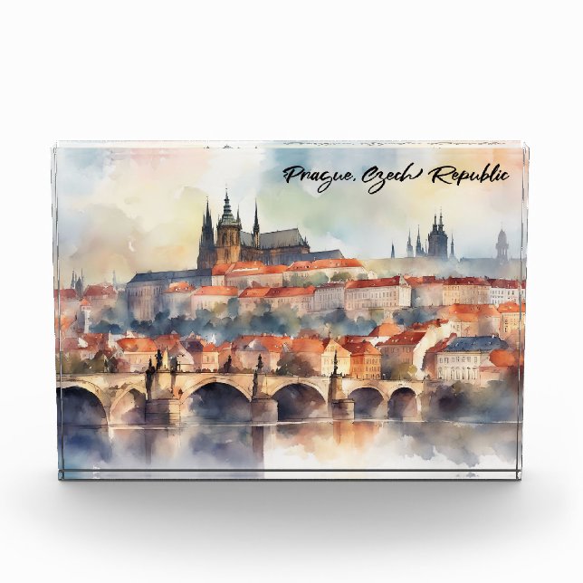 Prague Czech Republic Watercolor Panorama View Photo Block (Front)