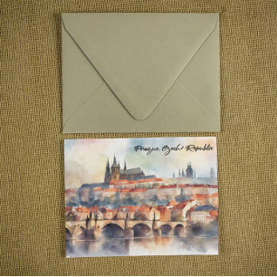 Prague Czech Republic Watercolor Panorama View Postcard