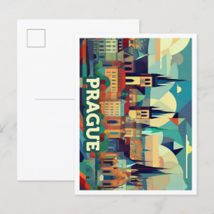 Prague Czech Travel artistic colorful Postcard