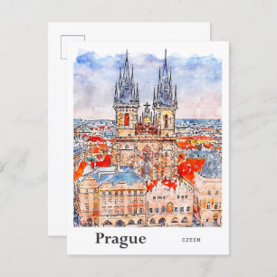 Prague Czech Travel Watercolor Hand Drawn Postcard