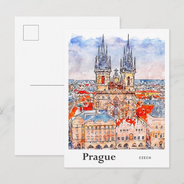 Prague Czech Travel Watercolor Hand Drawn Postcard (Front/Back)