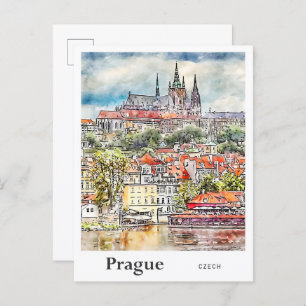 Prague Czech Travel Watercolor Sketch Hand Drawn Postcard