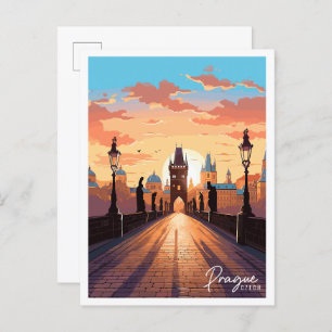 Prague Czech vintage travel illustration Postcard