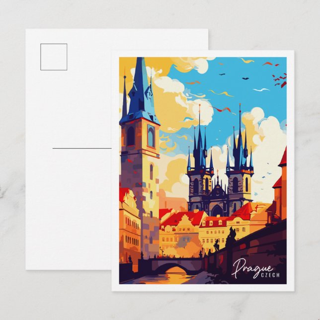 Prague Czech vintage travel illustration Postcard (Front/Back)