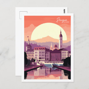 Prague Czech vintage travel place illustration Postcard