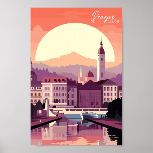 Prague Czech vintage travel place illustration Poster (Front)