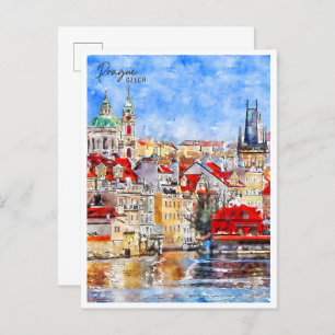 Prague Czech vintage travel watercolor Postcard
