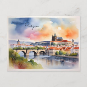 Prague watercolor art postcard