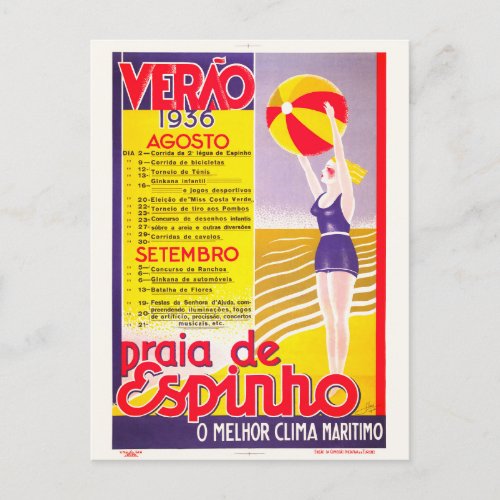 Praia de Espinho Verao Portugal Vintage Poster Postcard