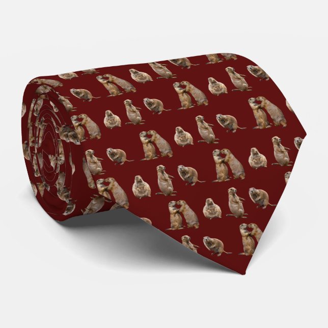Prairie Dog Frenzy Tie Double Sided (Burgundy) (Rolled)