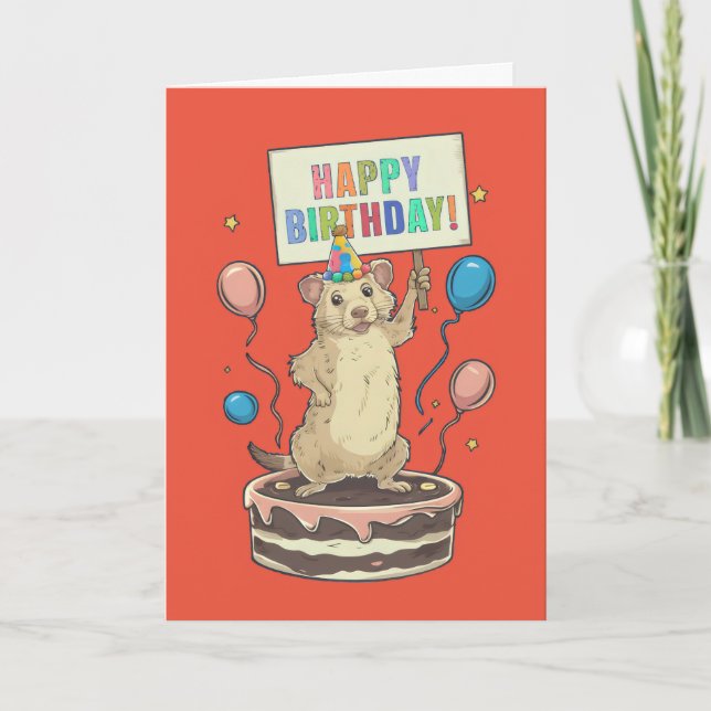 prairie dog standing on cake happy & birthday sign card (Front)