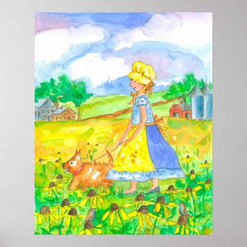 Prairie Girl Walking Dog Farm House Poster
