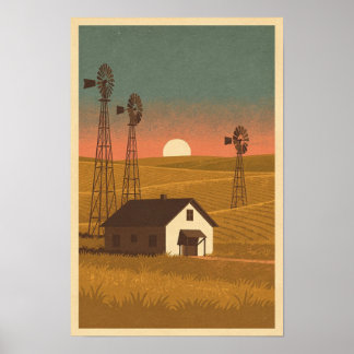 Prairie Windmills at Dusk Travel Poster