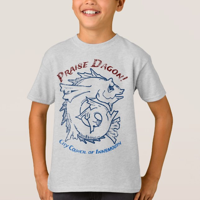 Praise Dagon Innsmouth Lovecraft Fish Horror T-Shirt (Front)