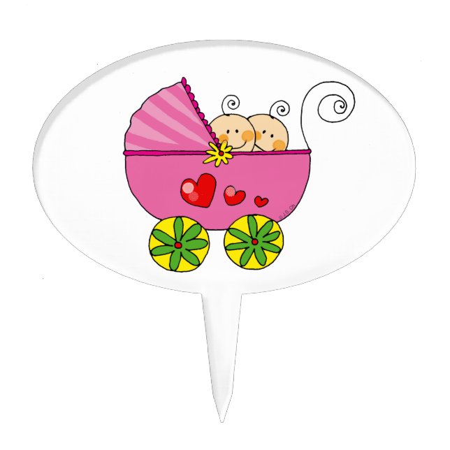 Pram & baby girl twins cake topper (Front)