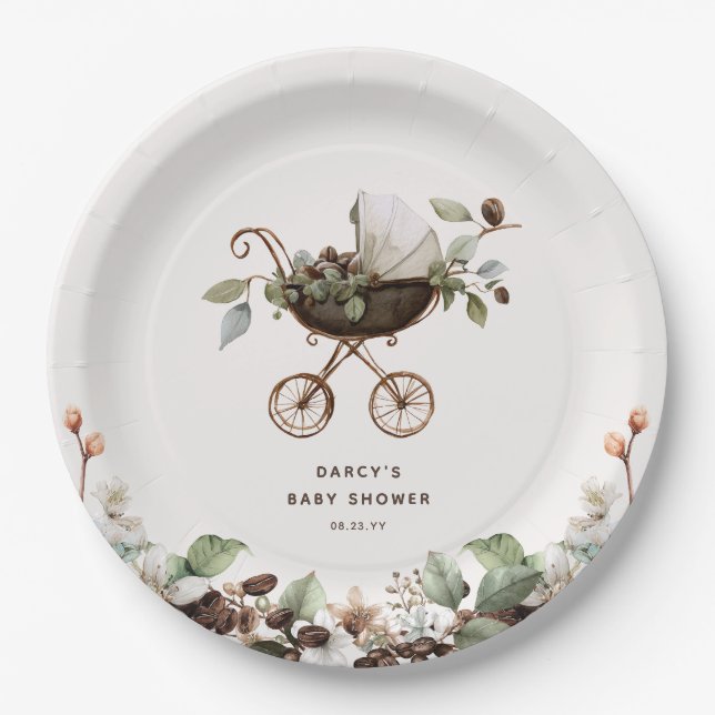 Pram 'Baby is Brewing' Coffee Baby Shower Paper Plates (Front)