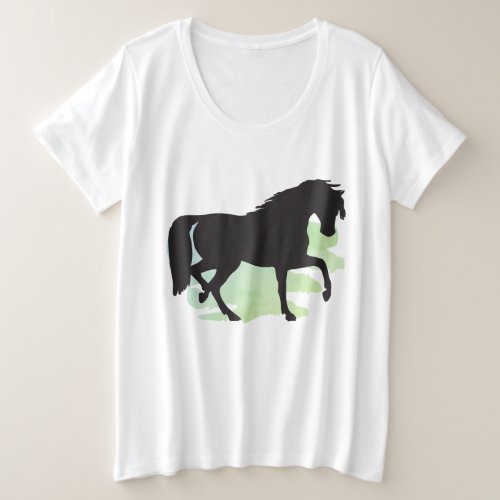 Prancing Black Horse Silhouette Green Field Plus Size T_Shirt