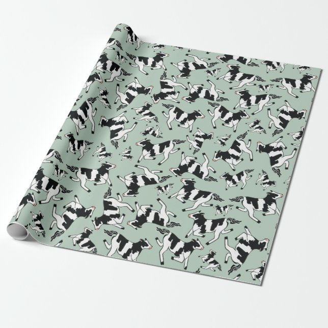 Prancing Cows Green Wrapping Paper (Unrolled)