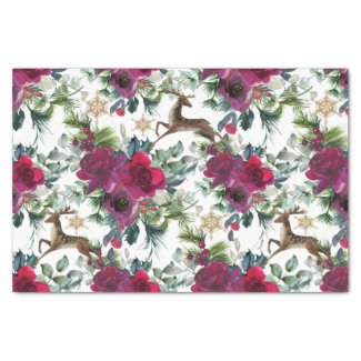 Prancing Deer in Roses and Holly Tissue Paper