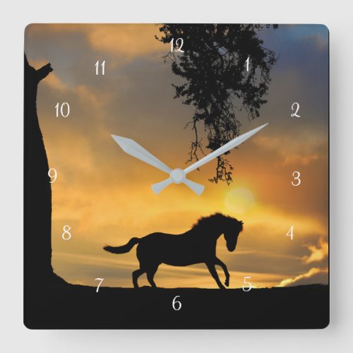 Prancing Horse with Sunset and Oak Tree Nature Square Wall Clock