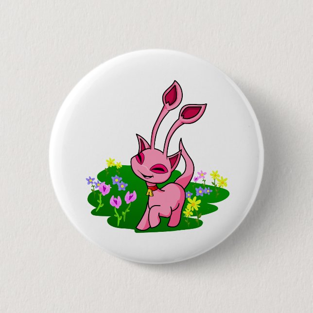 Prancing pink Aisha through flowers Pinback Button (Front)