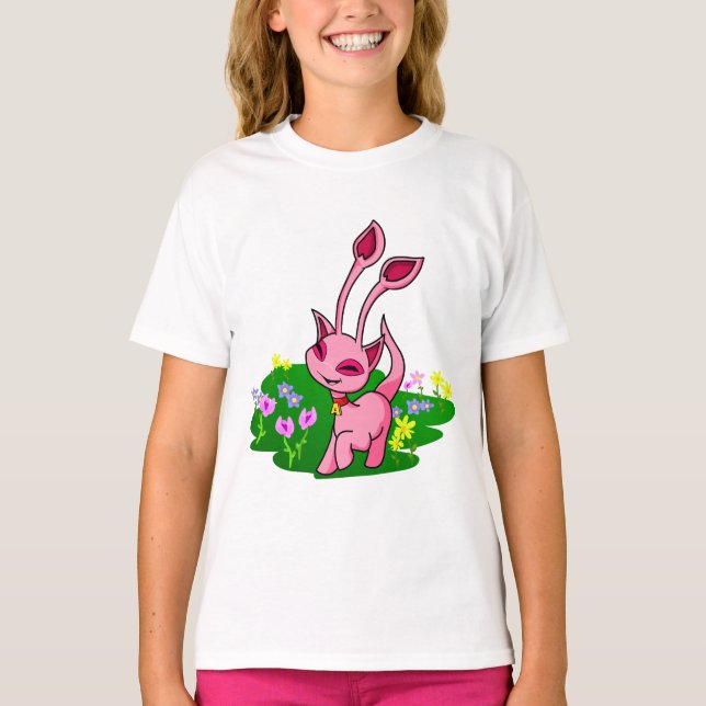 Prancing pink Aisha through flowers T-Shirt (Front)