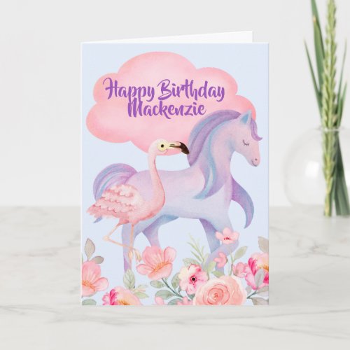 Prancing Pony Flamingo Watercolor Flowers Birthday Card