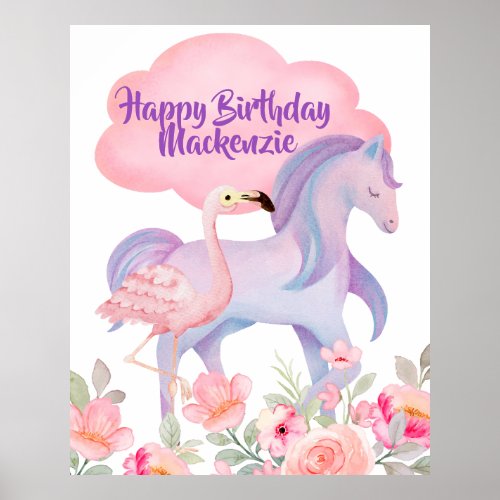 Prancing Pony Flamingo Watercolor Flowers Birthday Poster