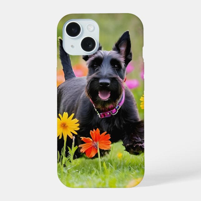 Prancing Scottish Terriers in grass and flowers iPhone 15 Case (Back)