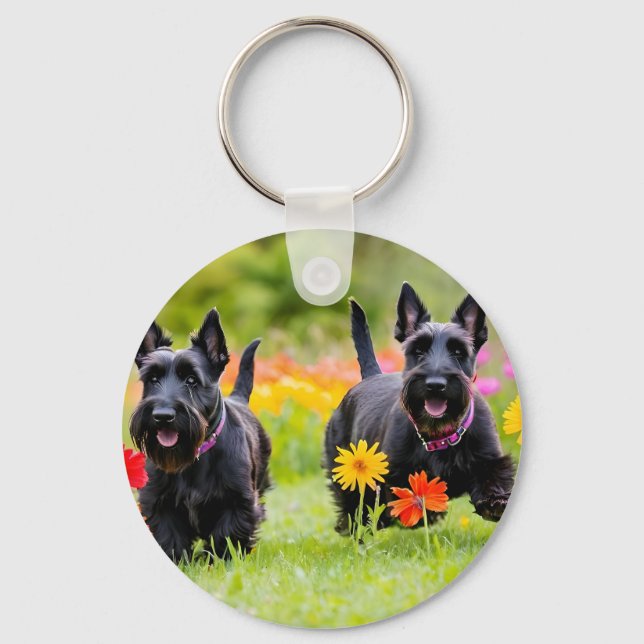 Prancing Scottish Terriers in grass and flowers Keychain (Front)