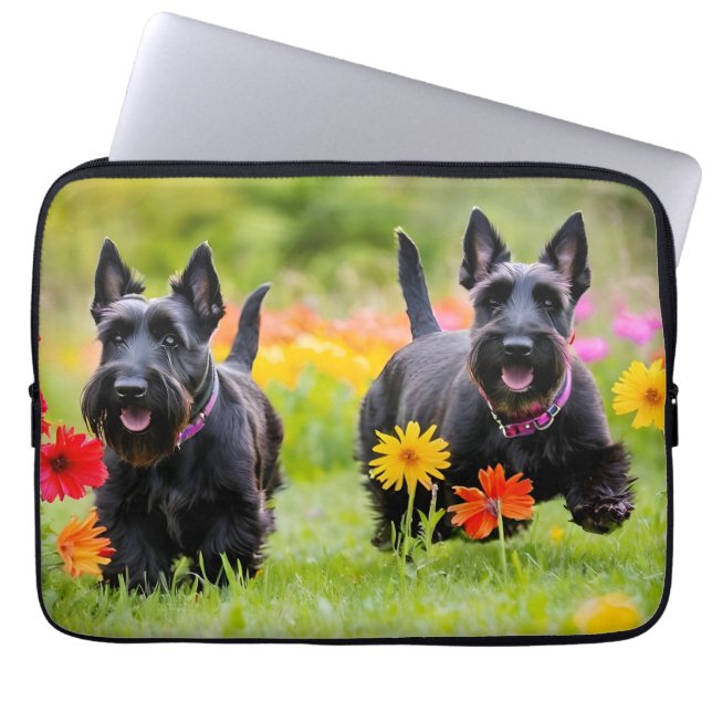 Prancing Scottish Terriers in grass and flowers Laptop Sleeve (Front)