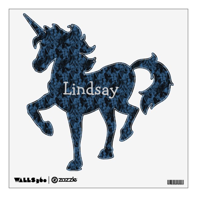 Prancing Unicorn Blue Satin Name Wall Sticker (Front)