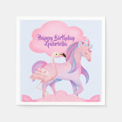 Prancing Unicorn Flamingo Watercolor Birthday Napkins