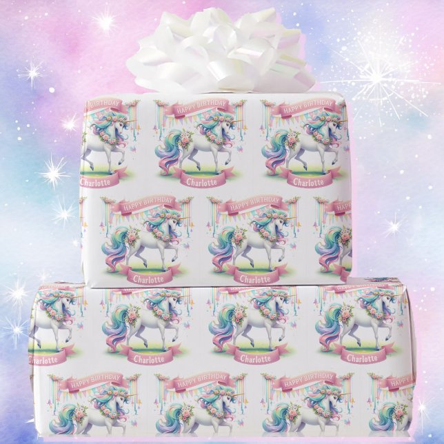 Prancing Unicorn Personalize Girl's Name Birthday Wrapping Paper (Creator Uploaded)