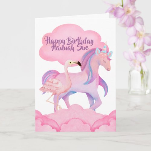 Prancing Unicorn Pink Flamingo Watercolor Birthday Card
