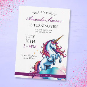 Prancing Unicorn Sparkle Girl 10th Birthday Invitation