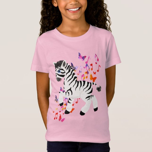 Prancing Zebra with Watercolor Notes & Butterflies T-Shirt (Front)