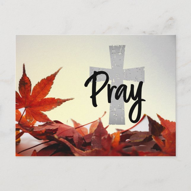 Pray Christian Cross, Autumn Red Leaves Postcard (Front)