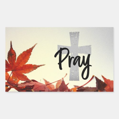 Pray Christian Cross Autumn Red Leaves Rectangular Sticker