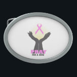 Pray For A Cure Belt Buckle<br><div class="desc">Hands reaching towards the Heavens with glowing light surrounding the pink breast cancer awareness ribbon and text which reads Pray For A Cure.</div>