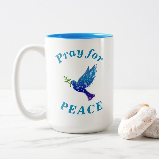 "Pray for PEACE" Peaceful Life Blue Text Two-Tone Coffee Mug (With Donut)