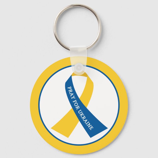 Pray for Ukraine Blue Yellow Ribbon Keychain (Front)